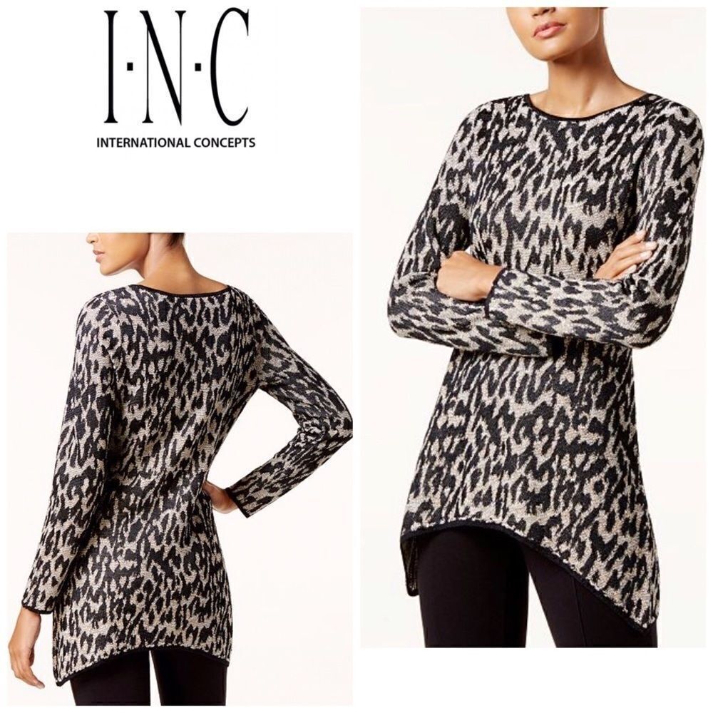 Leopard-Print Handkerchief-Hem Tunic Sweater. NWOT